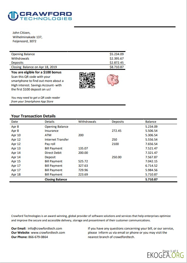 Modèle de relevé bancaire Pays Bas (Hollande) Crawford Technologies au format Word et PDF